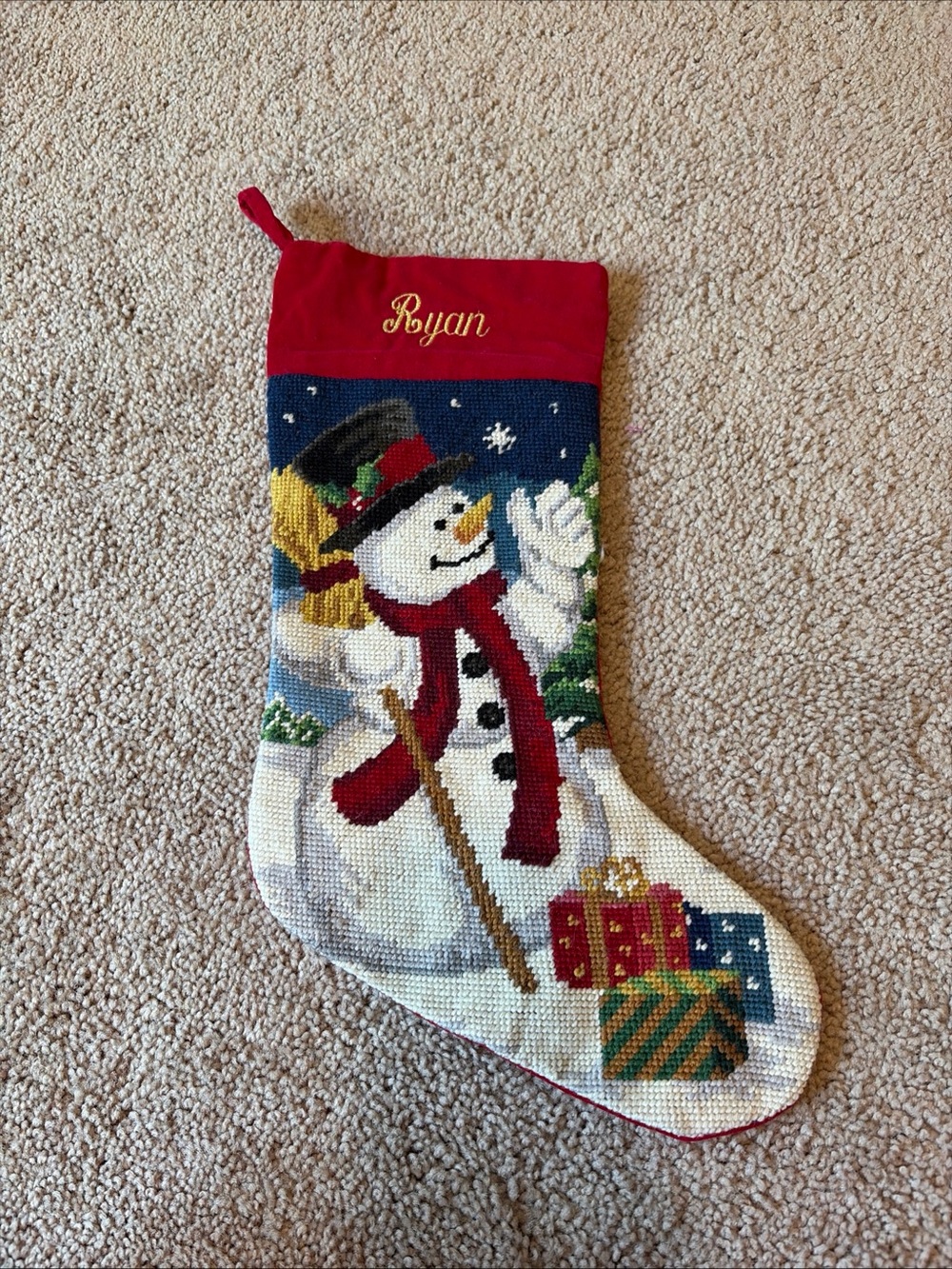 Vintage 90s Lillian Vernon Christmas Stocking Needlepoint Wool Snowman Ryan